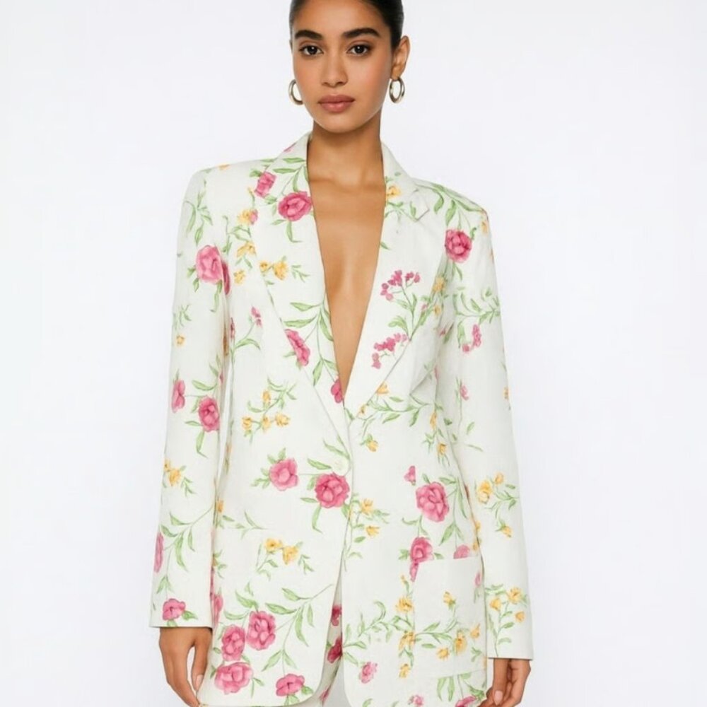 Chadwick's Ivory Floral Print Linen Blend Blazer Jacket 20W